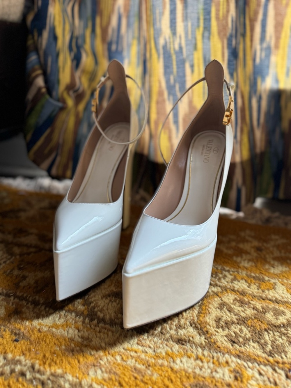 Valentino Cream Patent Platform Pumps with Ankle Strap